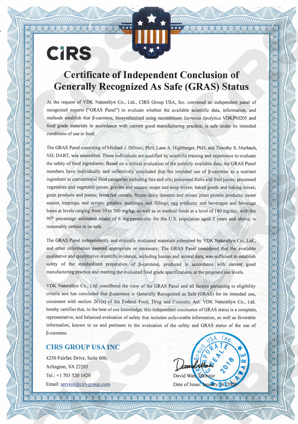 US,Food,GRAS,Notice,CIRS,VDK