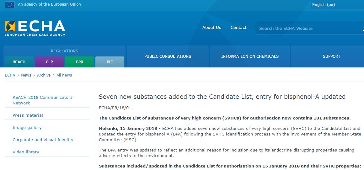 SVHC,清单,物质,ECHA,双酚A SVHC,清单,物质,ECHA,双酚A