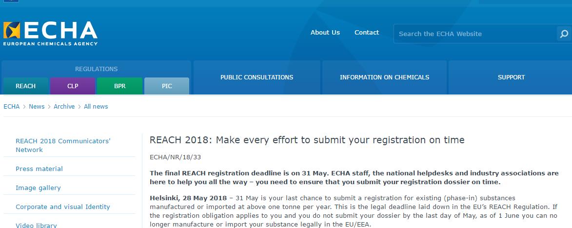 注册,5月31日,截止期,ECHA,REACH