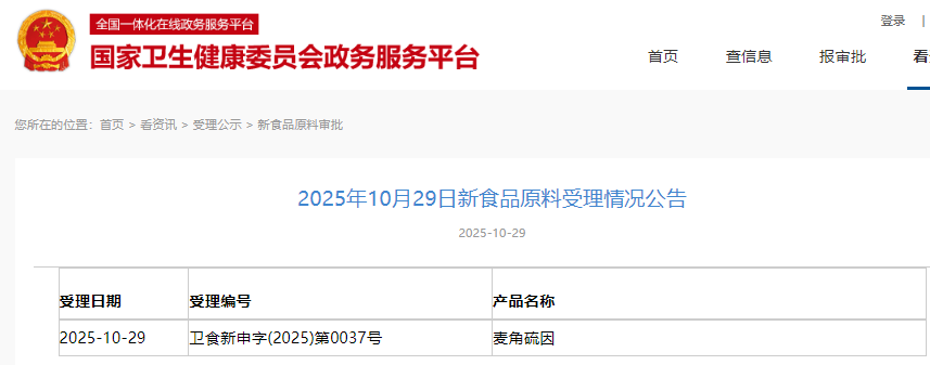 三新食品,受理动态,国家卫健委,麦角硫因,2-氧代戊二酸