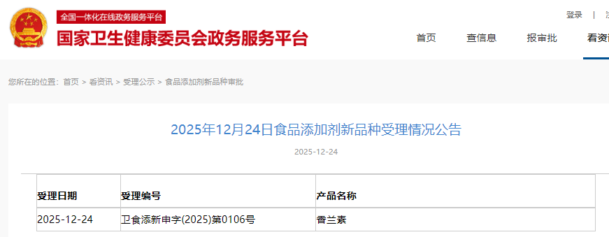 三新食品,受理动态,国家卫健委,香兰素,天然香兰素,食品添加剂
