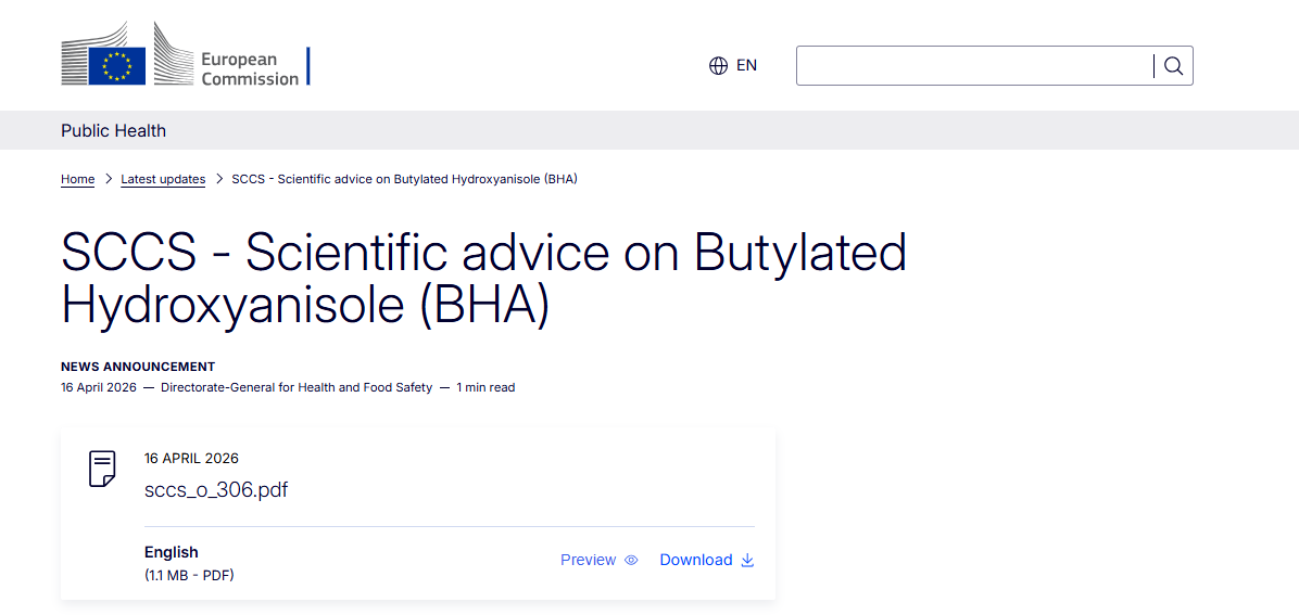 SCCS,Final,Opinion,Butylated,Hydroxyanisole,EU,Cosmetic